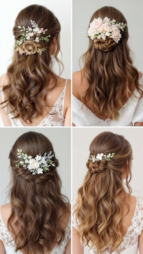Two medium-length bridesmaid hairstyles with floral hair accessories.