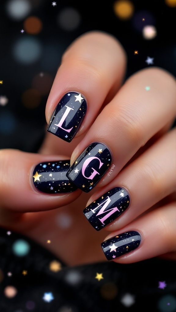 Nails featuring personalized initials 'L', 'G', and 'M' on a navy background with star decorations.