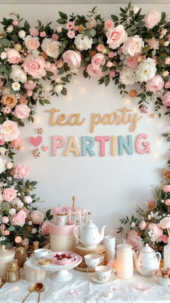 A beautiful tea party bridal shower setup with a floral backdrop and tea sets.