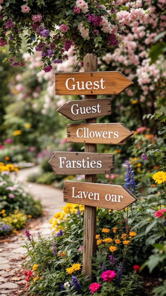 Wooden signpost in a garden with directions for guests, surrounded by colorful flowers.