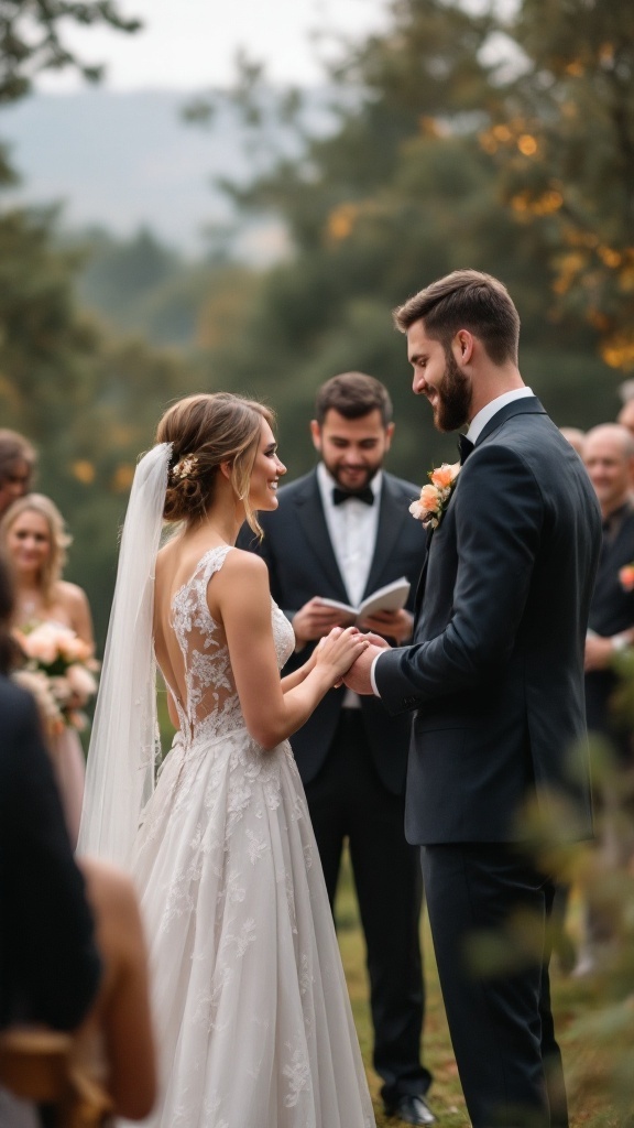 A couple exchanging personalized vows during their wedding ceremony in a scenic outdoor setting.