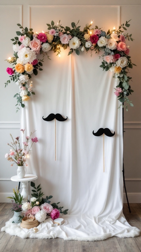 A wedding photobooth setup with flowers, lights, and mustache props