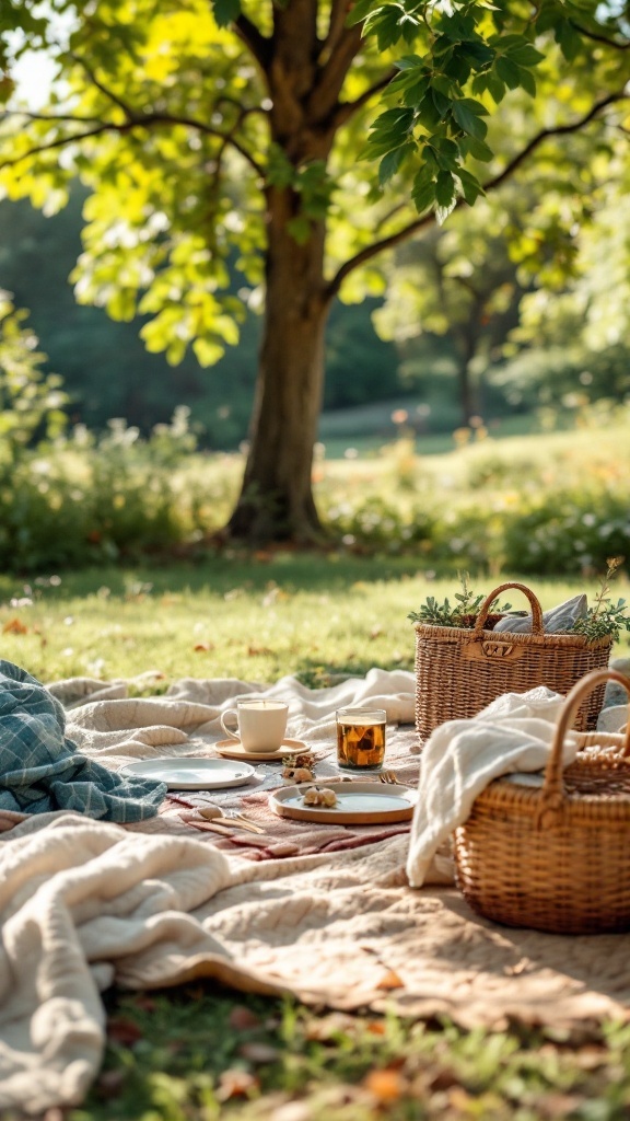 A picnic-style wedding setup with blankets, baskets, and drinks in a sunny park.