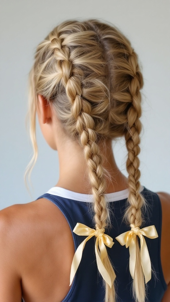 A back view of a person with blonde pigtail braids, tied with yellow ribbons.