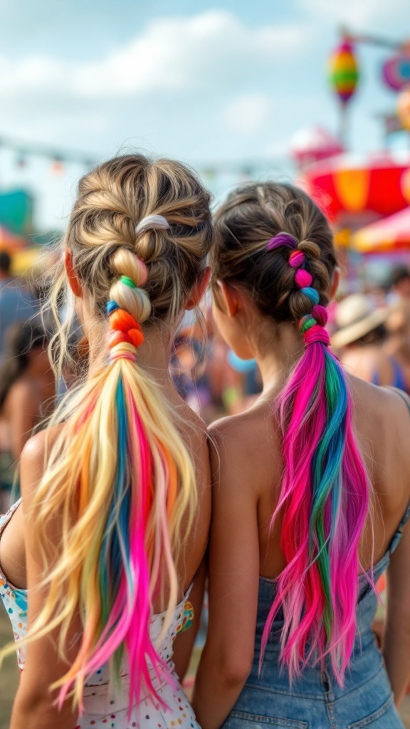 Two girls with pigtails and colorful extensions at a summer festival