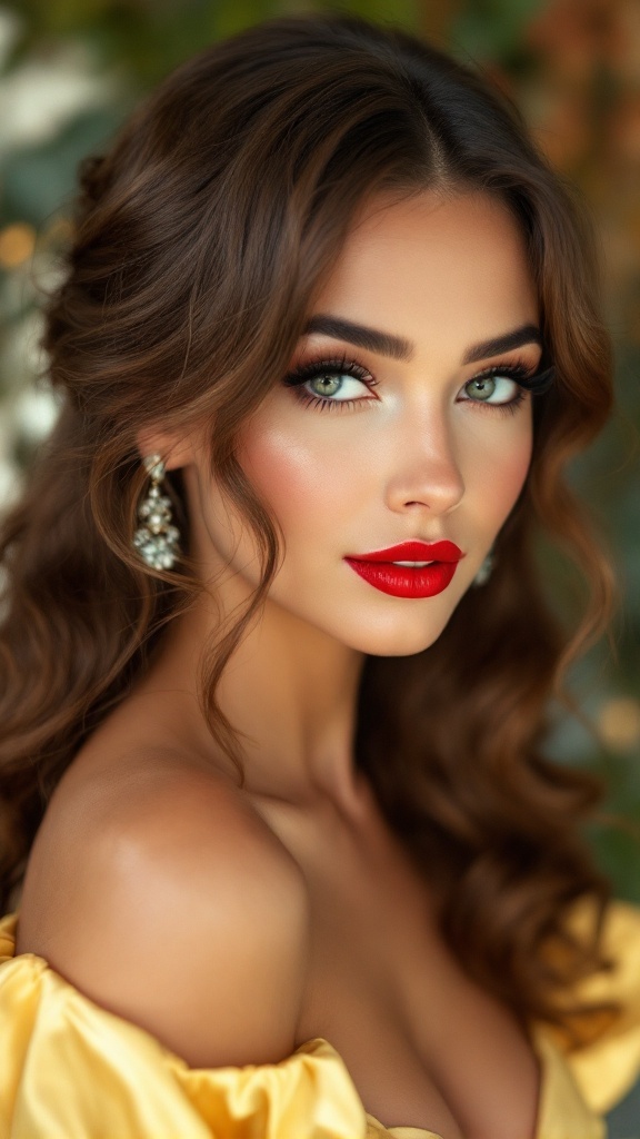 A model with pin-up inspired waves and bold red lips, showcasing a bridal hairstyle.