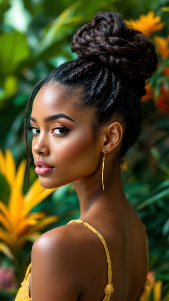 A woman with a pineapple updo hairstyle, featuring a high bun and loose tendrils, surrounded by tropical foliage.