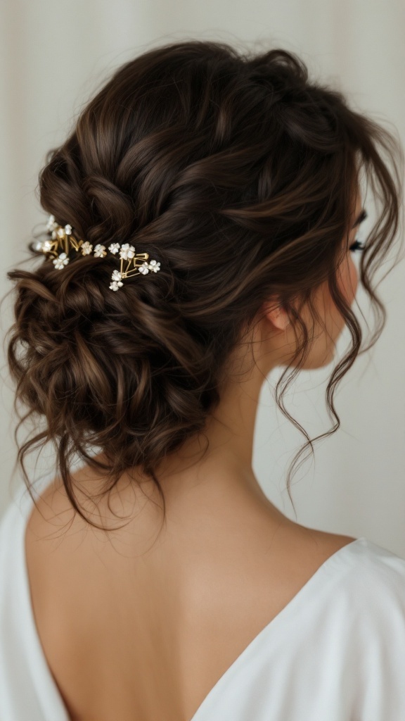 A woman with medium brown curly hair pinned back, adorned with floral hairpins
