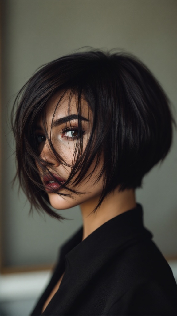 A woman showcasing a chic pixie bob hybrid hairstyle, with textured layers and a dark hair color.