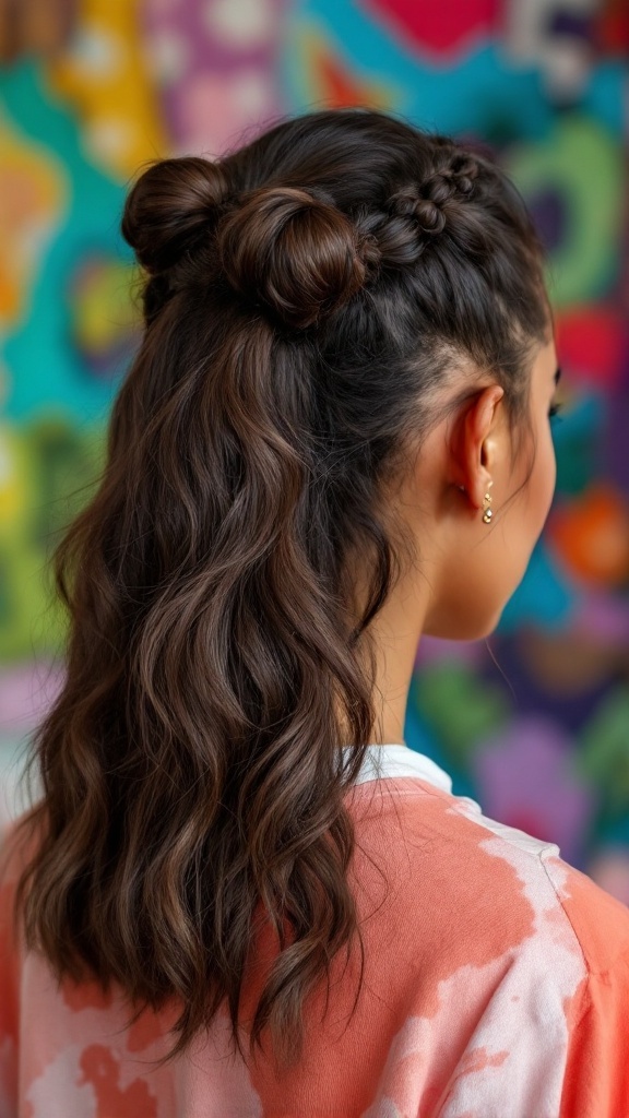 A young woman with a half-up, half-down hairstyle featuring playful bubble buns, against a colorful background.