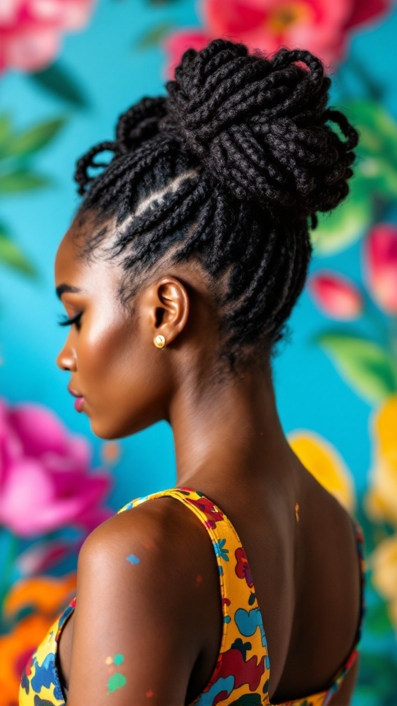 A woman with crochet Bantu knots styled elegantly against a colorful floral background.