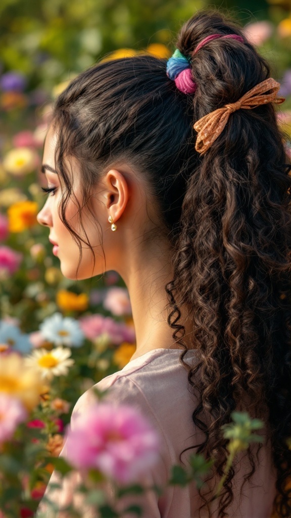 A woman with a curly ponytail adorned with colorful ties, surrounded by vibrant flowers.