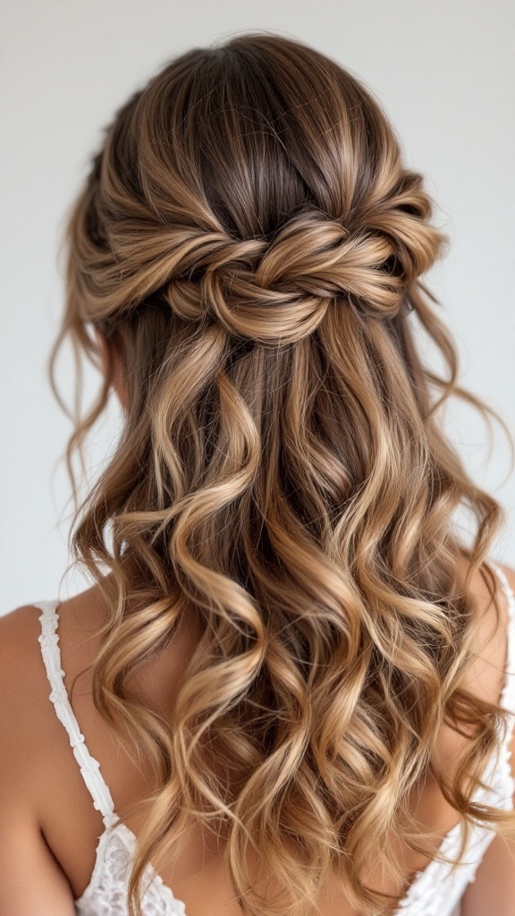 Half up half down wedding hairstyle with bouncy curls and an intricate twist at the back