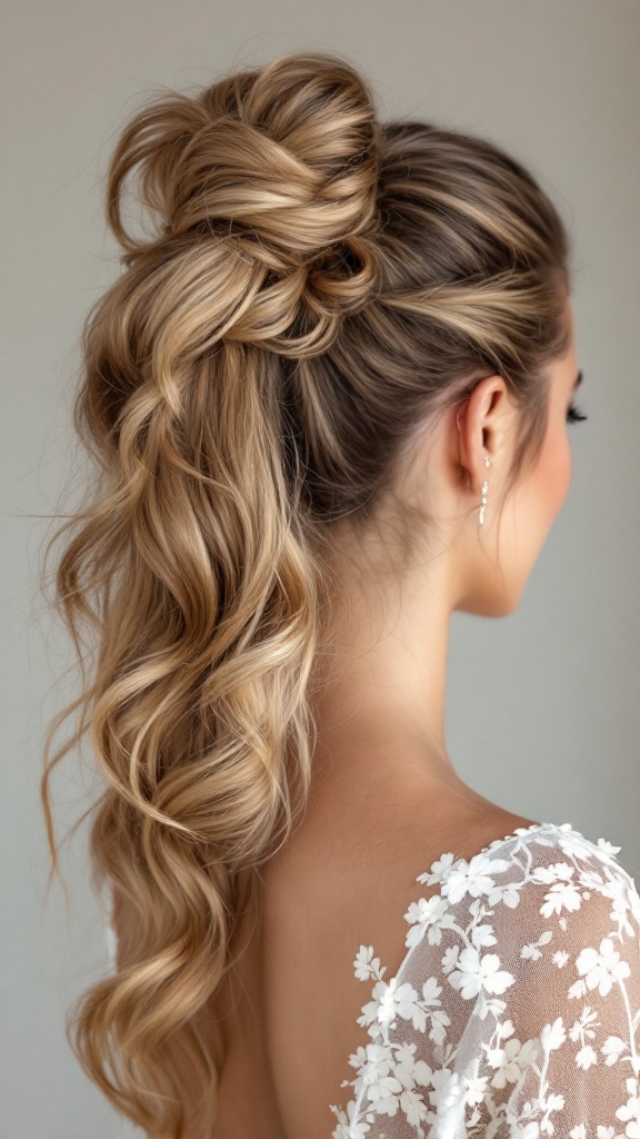 A playful high ponytail with curl-tipped ends on straight hair, styled elegantly for a wedding.