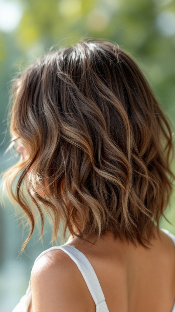 A close-up view of a playful layered shag haircut on medium hair, showcasing soft layers and natural waves.