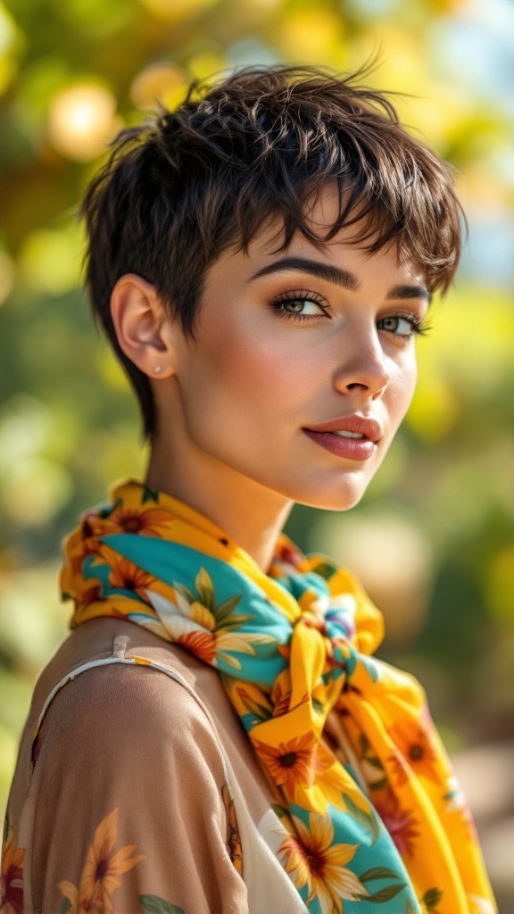 A woman with a playful pixie cut, wearing a colorful scarf, set against a bright outdoor background.