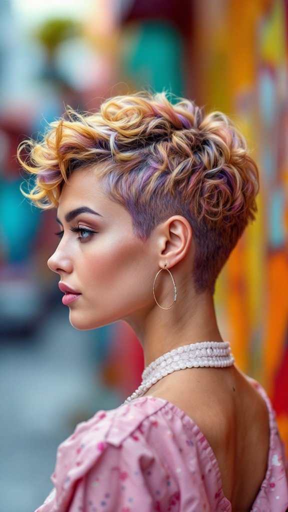 A woman with a playful pixie cut featuring short curly hair and colorful highlights, styled elegantly with a fashionable outfit.