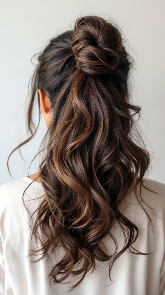 A woman with half up half down hairstyle featuring a playful ponytail and soft waves.