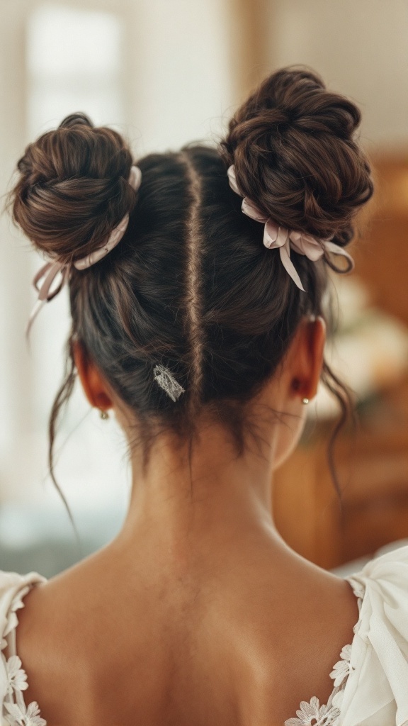 A view of a woman's back showing playful space buns hairstyle adorned with ribbons.
