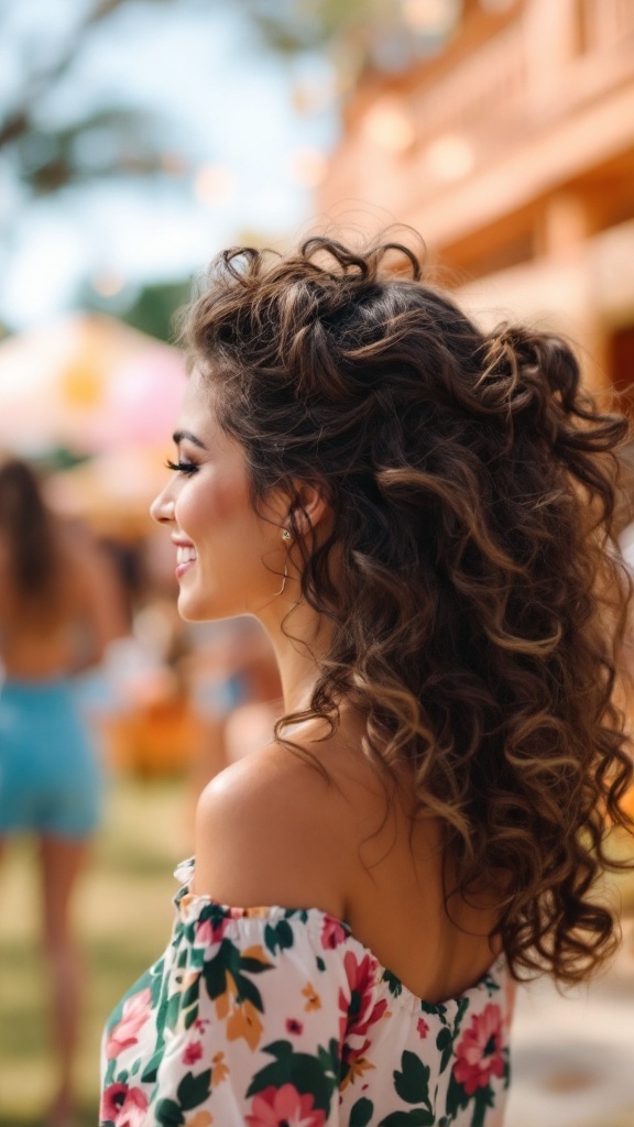 A woman with curly hair styled in a half up half down look, wearing a floral off-shoulder top