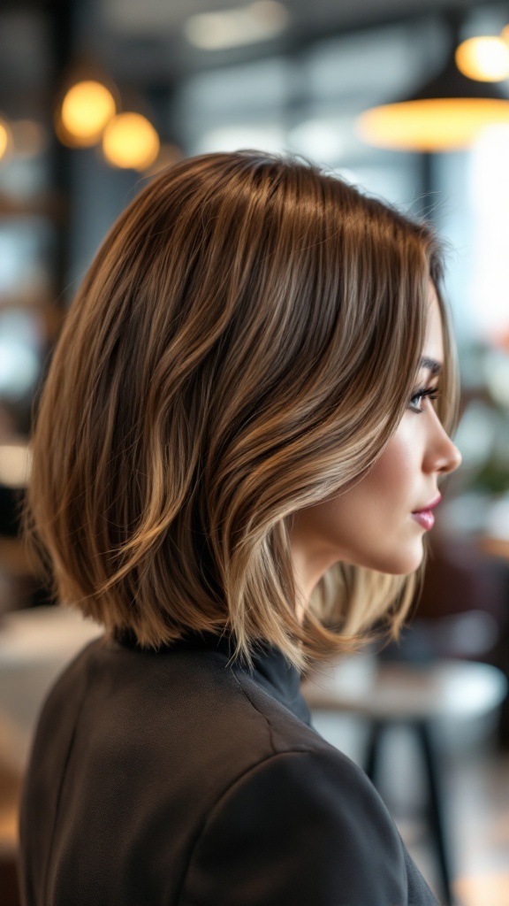 A polished bob hairstyle with a side part, featuring clean lines and soft layers.