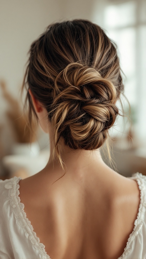 A woman with a ponytail and messy bun hairstyle, showcasing a casual and playful look.