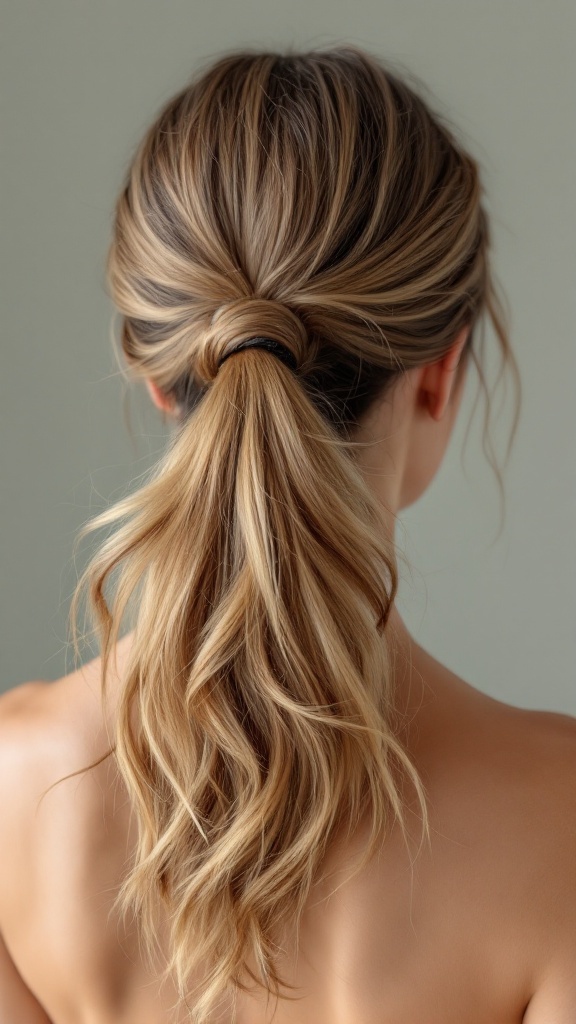 Long ponytail with face-framing layers, showcasing a stylish hairstyle.