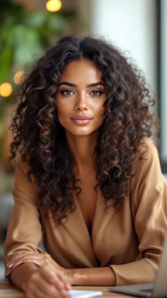 A woman with loose, professional curls, wearing a brown blazer, sitting at a desk