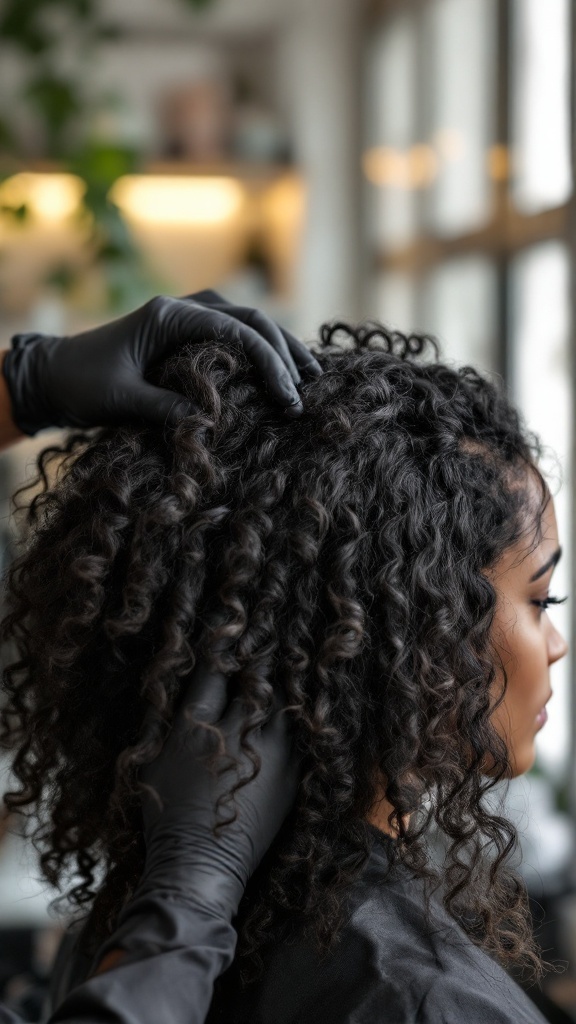 A stylist applying highlights to curly hair, demonstrating careful hair care.