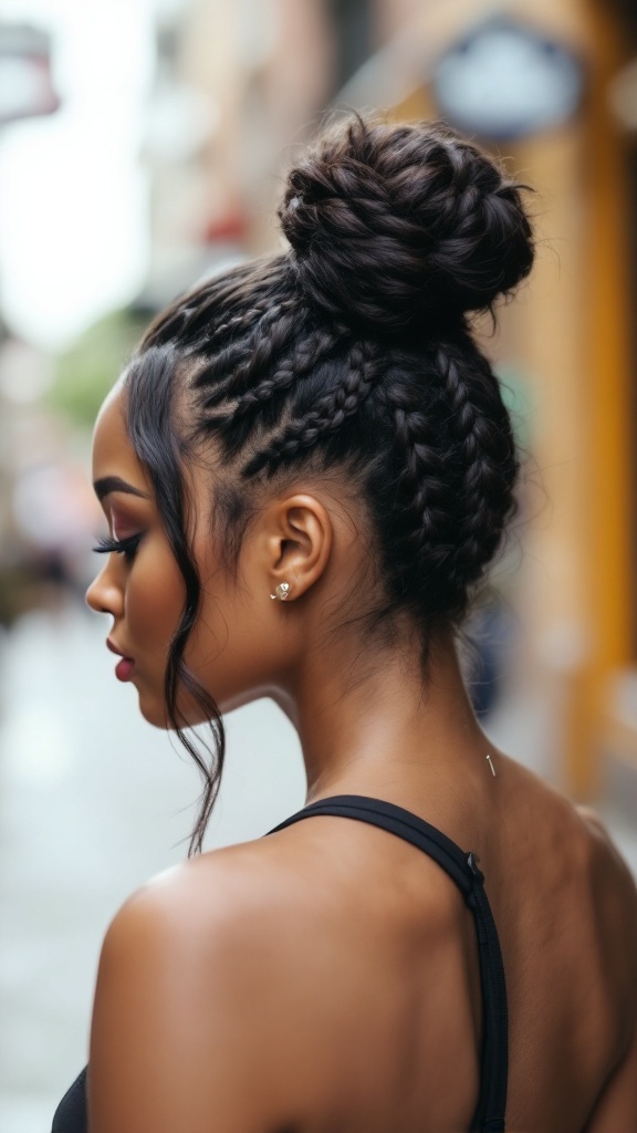 A woman showcasing a puff ponytail hairstyle with braided accents.