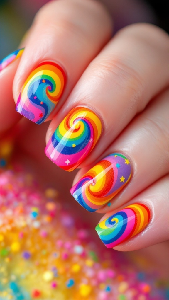 Colorful rainbow swirl nail design with stars