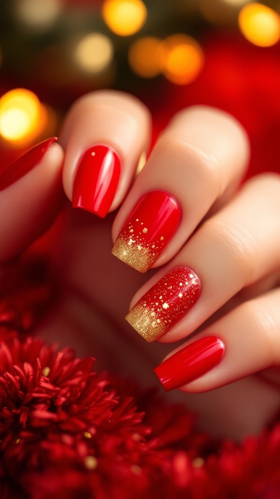 Red nails with gold glitter accents