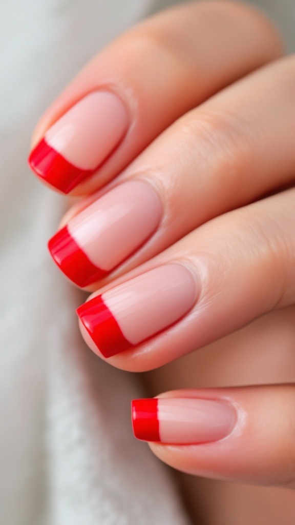 Close-up of red French tip manicure on well-groomed nails