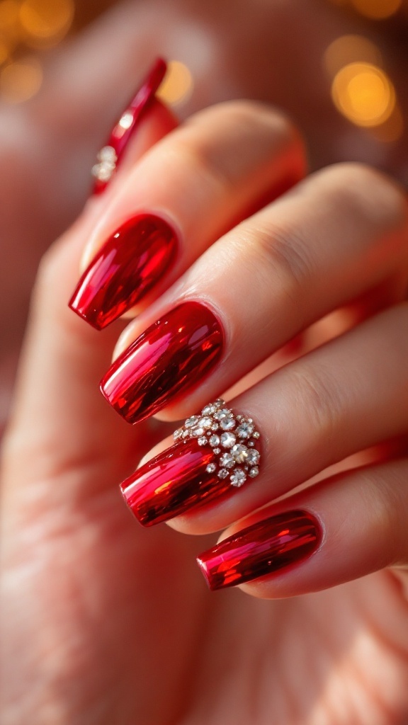 Close-up of red nails with rhinestones against a blurred background