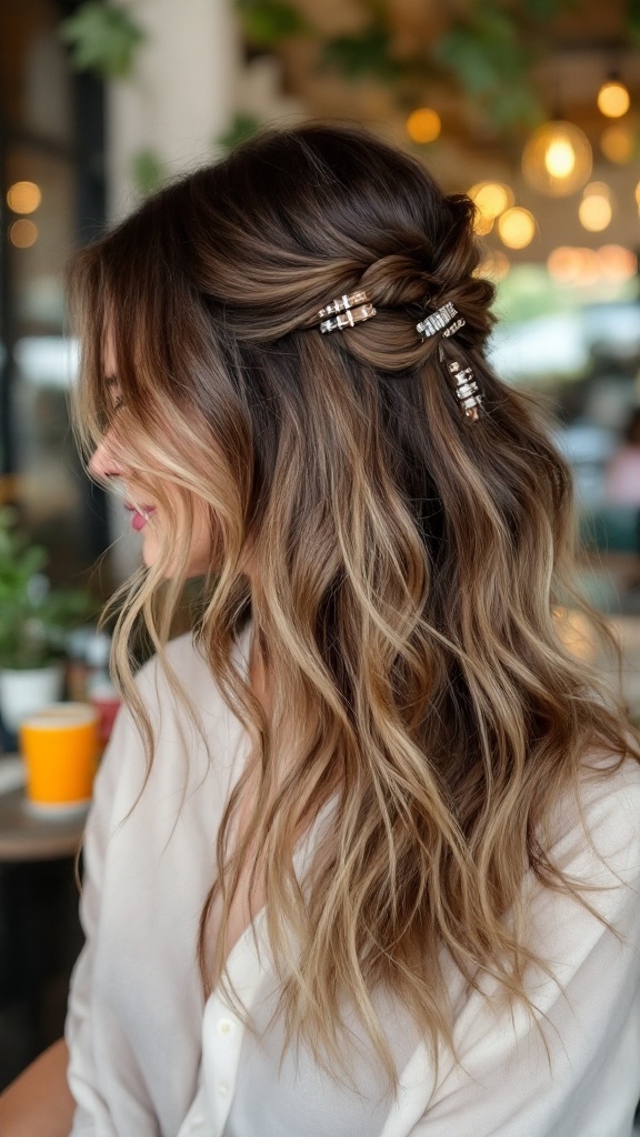 A woman with relaxed waves in her hair, adorned with stylish hair clips.
