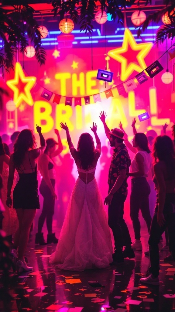A vibrant 80s themed bridal shower dance party with guests dancing under neon lights.