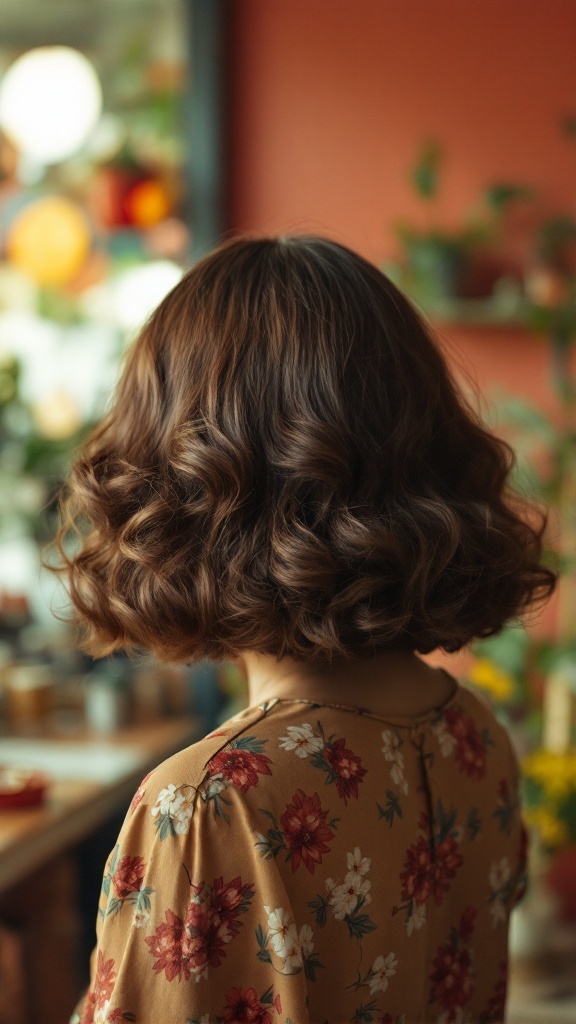 A woman with a retro curly bob hairstyle, wearing a floral dress, seen from the back.