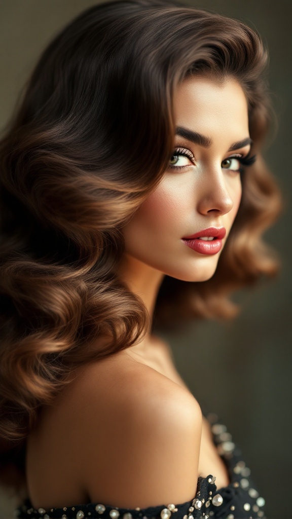 A woman with glossy finger waves hairstyle, wearing a stylish outfit.