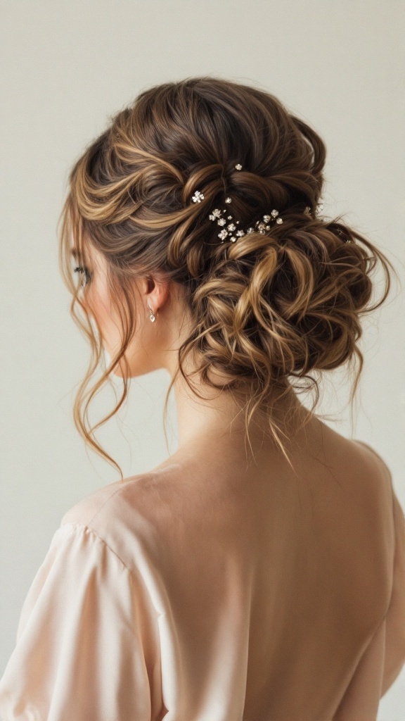 A woman with medium curly hair styled in a retro-inspired updo with delicate accessories.