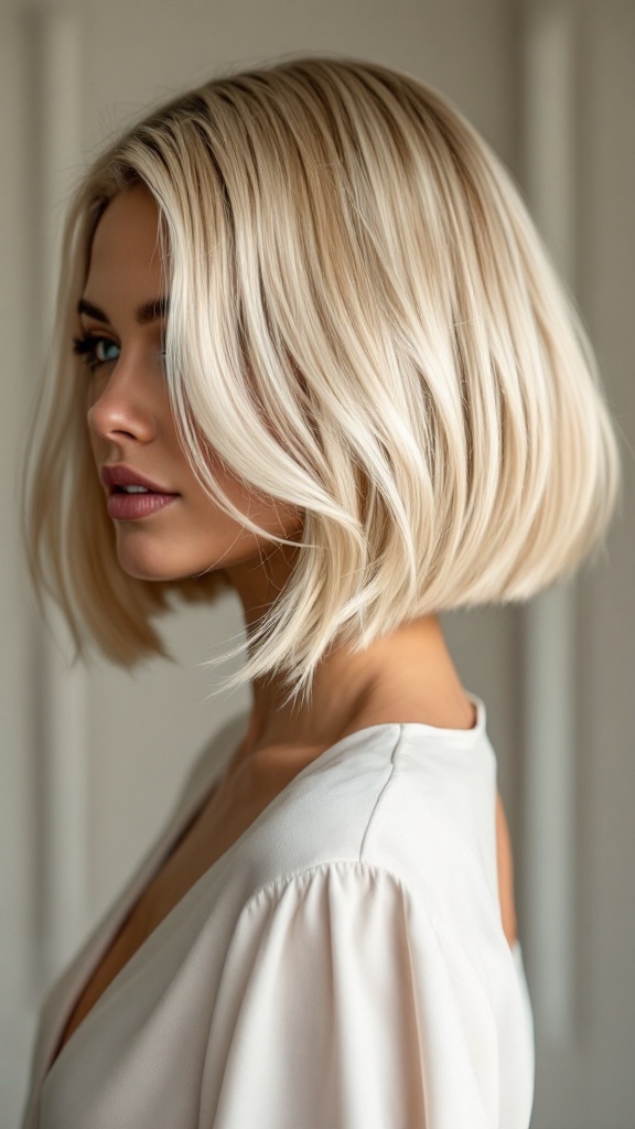 A woman with a honey blonde bob cut, showcasing soft waves and a warm tone.