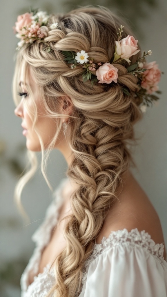 A woman with a romantic braided crown hairstyle, featuring a braid wrapped around her head and adorned with soft pink flowers.