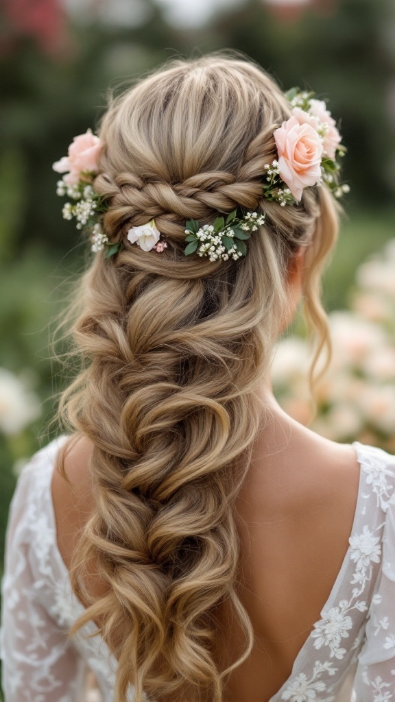 A romantic medium-length braided crown hairstyle adorned with pink roses and greenery.