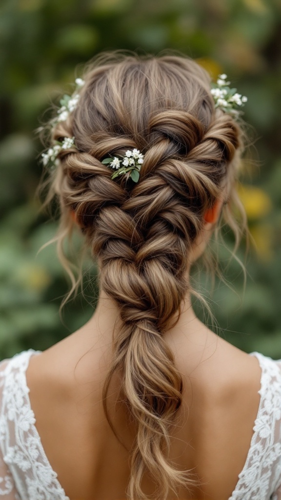A beautiful hairstyle featuring a romantic braided crown adorned with small flowers, perfect for a boho vibe.