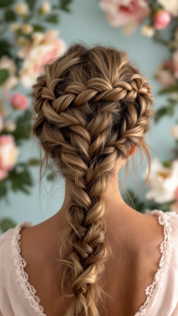 A woman with a romantic braided crown hairstyle, showcasing intricate braids with soft waves.