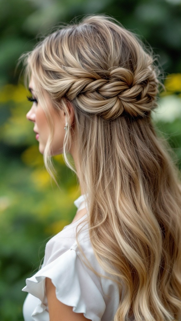 A woman with a romantic half up half down hairstyle featuring a braided detail and soft waves.