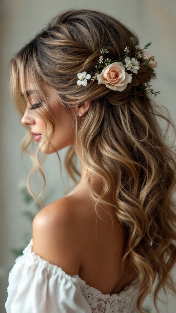 A woman with romantic curls styled in a half-up, half-down hairstyle, accented with floral details.