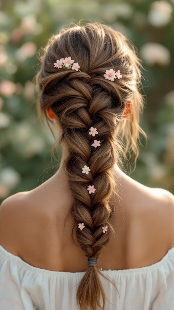 A romantic fishtail braid half-up hairstyle adorned with small flowers.