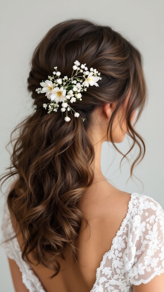 A woman with a romantic half-up curly hairstyle adorned with white flowers.