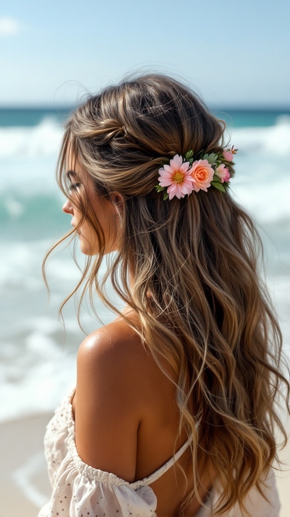 Model with long wavy hair styled in a half-up half-down look, adorned with pink and white flowers, standing on a beach