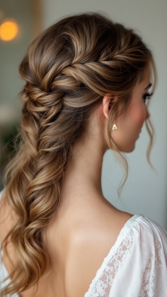 A romantic half up half down braid hairstyle, featuring loose strands for a soft look.